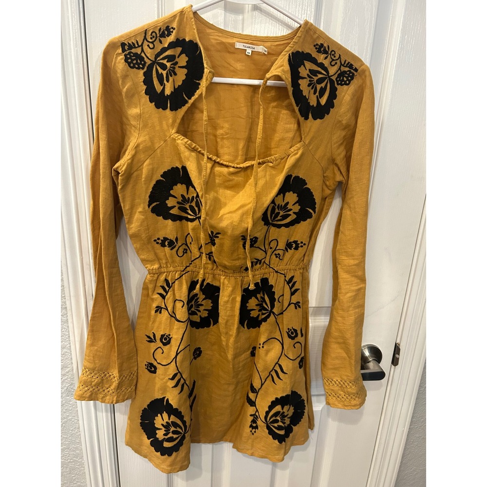 Tularosa Mini Dress Yellow Embroidered Floral Long Sleeve Boho Cutout Festival